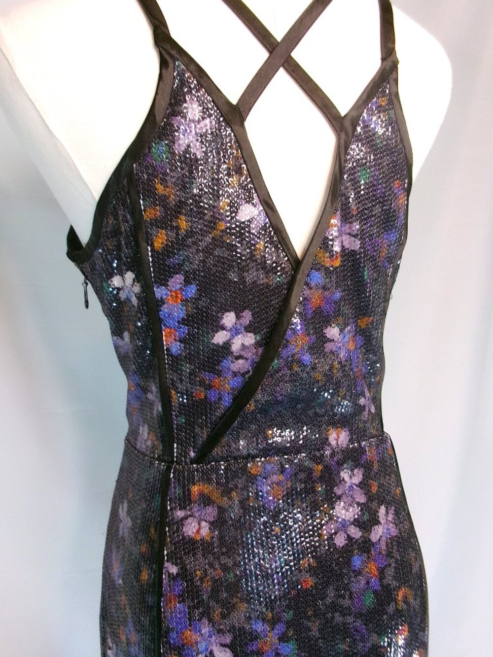 Rachel Roy Floral Sequin Maxi Dress Black Purple Open Back Party Dress Size 8